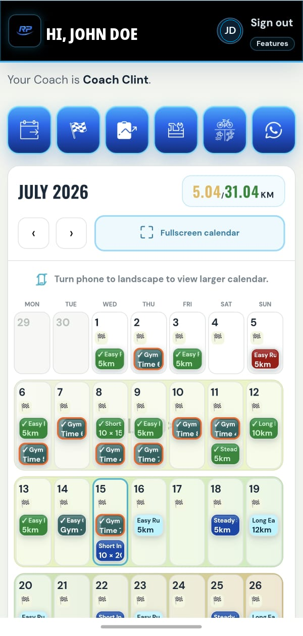 RacePace Athlete Portal mobile training calendar