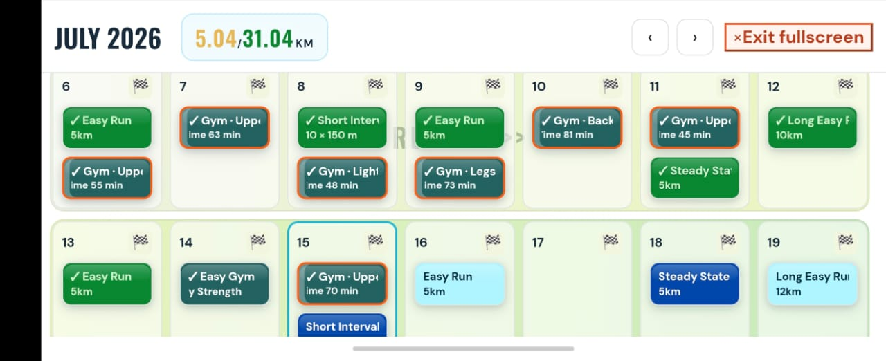Fullscreen RacePace Athlete Portal training calendar