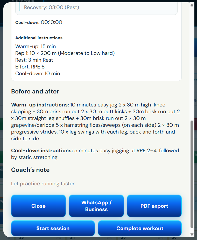 RacePace Athlete Portal workout instructions and sharing buttons